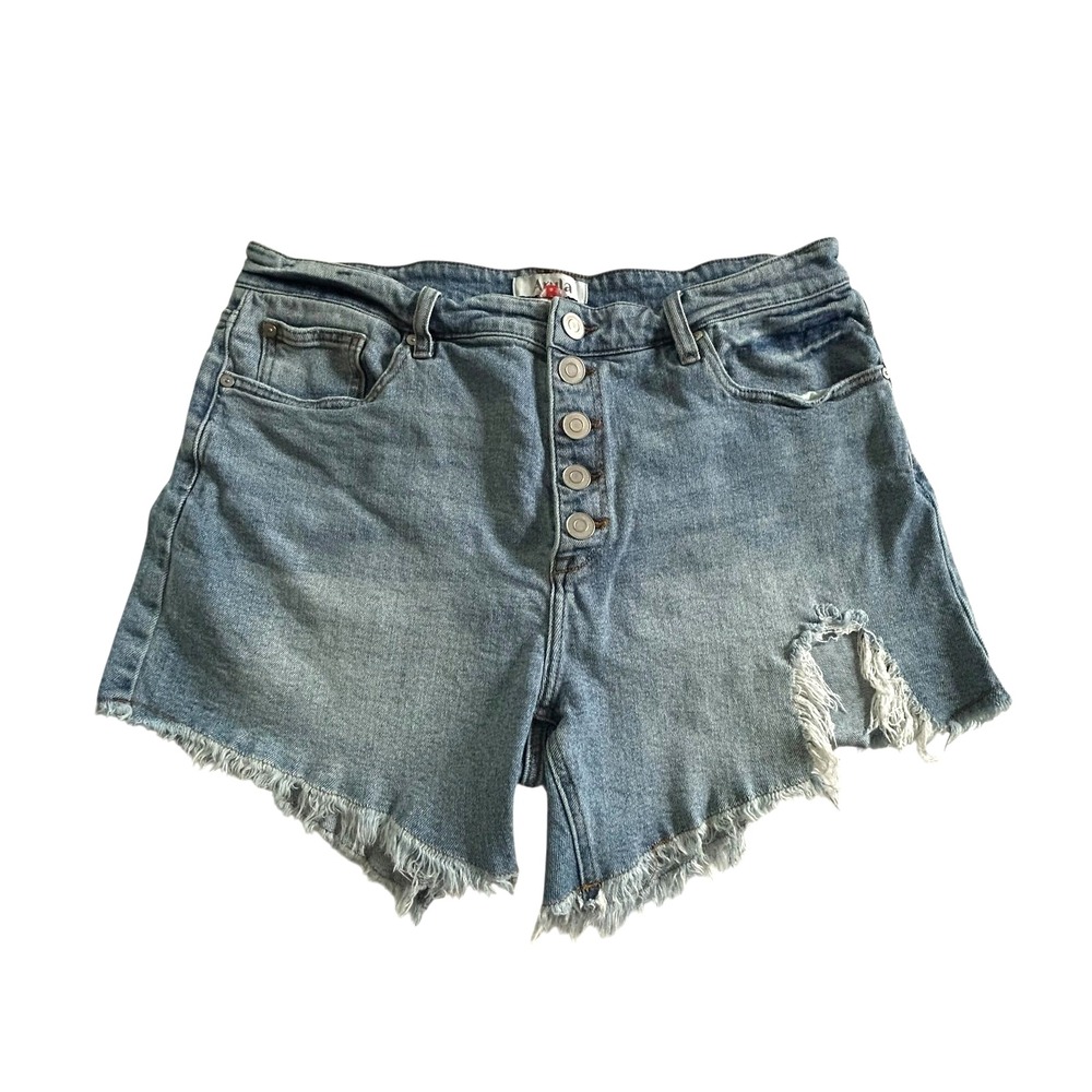 Distressed Button Fly Denim Shorts Y2K Streetwear 14 Light Wash‎ Raw Hem Casual